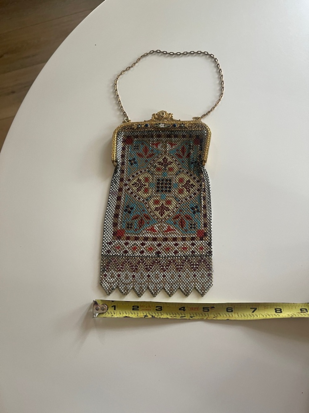 Antique 1920s Gold Mesh Evening Bag with Turquoise and Red Pattern - Picture 3 of 6